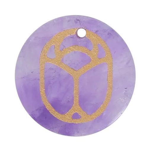 15mm Round flat pendant - engraved beetle - by Perles & Co - Amethyst x1