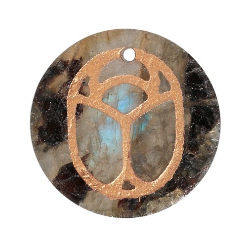 15mm Round flat pendant - engraved beetle - by Perles & Co - Labradorite x1