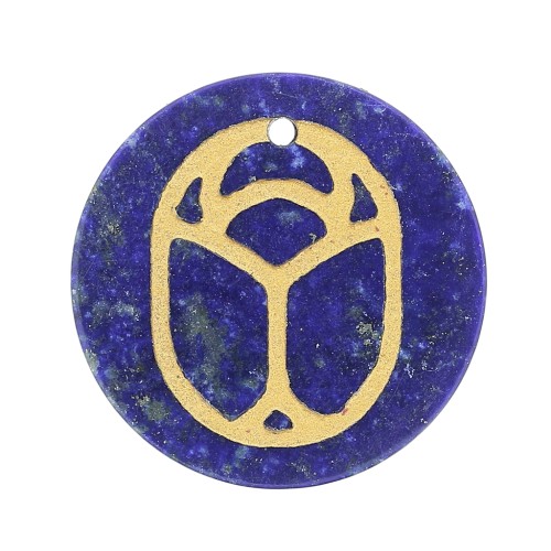 15mm Round flat pendant - engraved beetle - by Perles & Co - Lapis lazuli x1