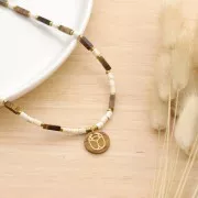 20mm Round flat pendant - beetle - exclusive to Perles & Co - Tiger Eye - Gold x1