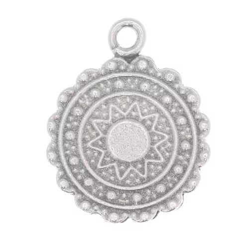17x14mm Round ethnic charm - sun pattern - Antique Silver Plating x1