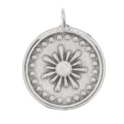 18x15mm Round charm - sun pattern - Antique silver plating x1