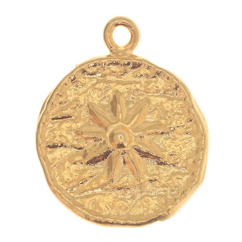 15mm Round irregular charm - flower pattern - Fine Gold plated x1