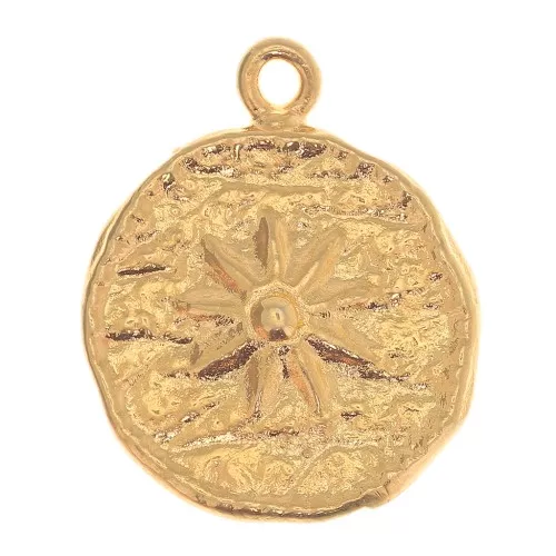 15mm Round irregular charm - flower pattern - Fine Gold plated x1
