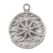 15mm Round irregular charm - flower pattern - Antique silver plating x1