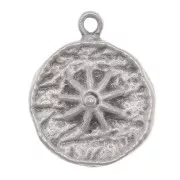 15mm Round irregular charm - flower pattern - Antique silver plating x1