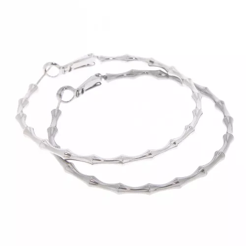 50mm Bamboo Effect Hoop earrings - Rhodium Tone x2