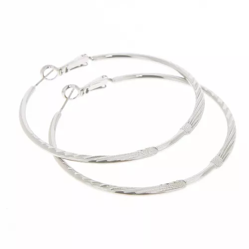 52.5mm Flat striated earring hoops - Rhodium Tone x2