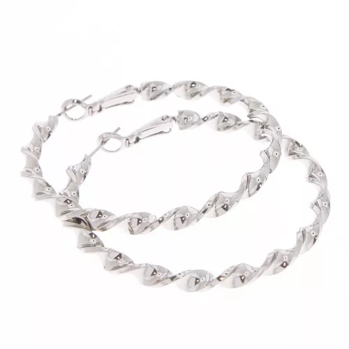 50mm Twisted Hoop earrings - Rhodium Tone x2