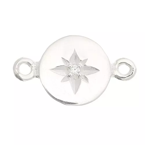 8mm 925 Sterling Silver connector round North Star with zirconium oxide - Crystal x1
