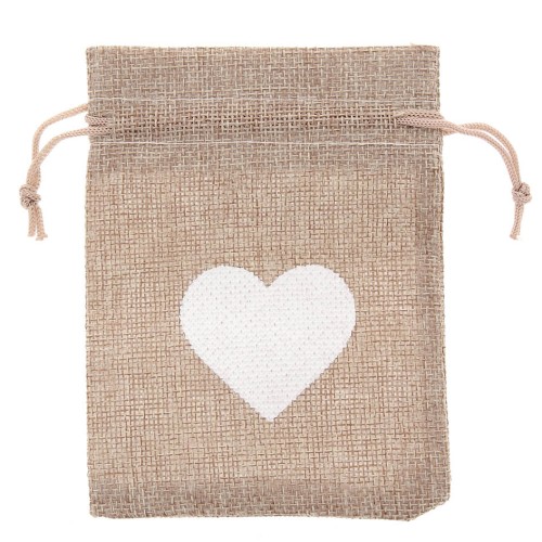 95x135mm Jute-effect synthetic canvas heart-shaped pouch - Brown - White x1