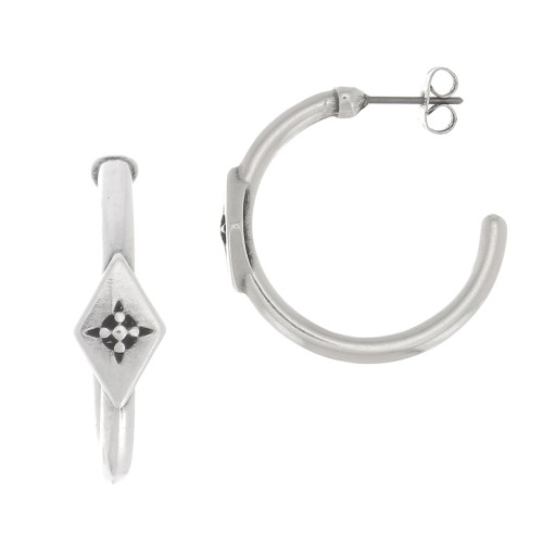 27x7mm Hoop earrings with rhombus and small engraved star - Fine Antique silver plating x2