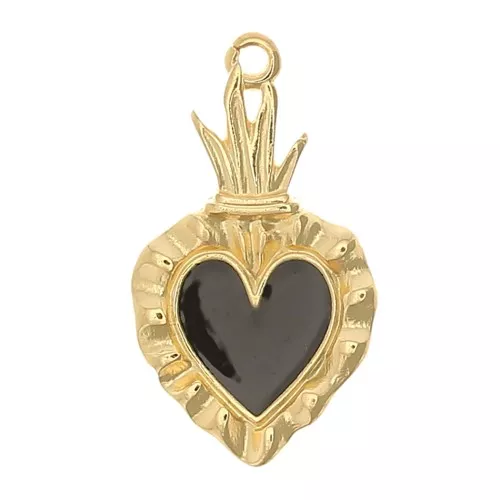 27x15mm Ex-voto Heart Pendant - Fine Gold plated - Black x1