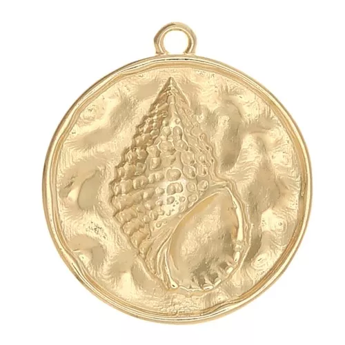 24x22mm Round hammered shell pendant - Fine Gold plated x1