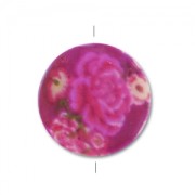 MOP printed Puck-shaped bead 20mm Fuchsia Roses x1