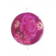 MOP printed Puck-shaped bead 20mm Fuchsia Roses x1