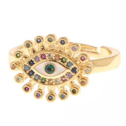 Adjustable Ring - Eye motif with zirconium oxide - Gold - White - Multicoloured x1