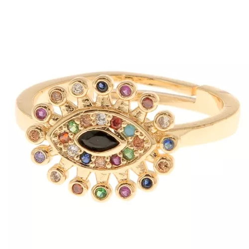Adjustable Ring - Eye motif with zirconium oxide- Gold - Black - Multicoloured x1