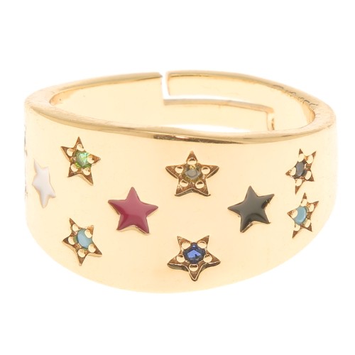 Wide adjustable ring - stars with zirconium oxide& resin - Gold - Multicoloured x1
