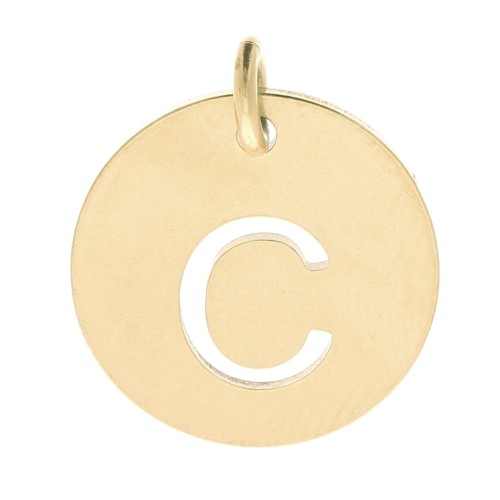 304 Stainless steel 12mm Round Medal - letter C - with jumpring - Gold Tone x1