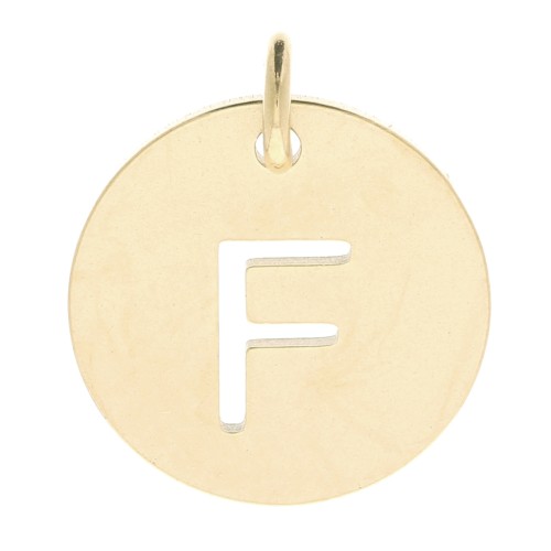 304 Stainless steel 12mm Round Medal - letter F - with jumpring - Gold Tone x1