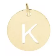 304 Stainless steel 12mm Round Medal - letter K - with jumpring - Gold Tone x1