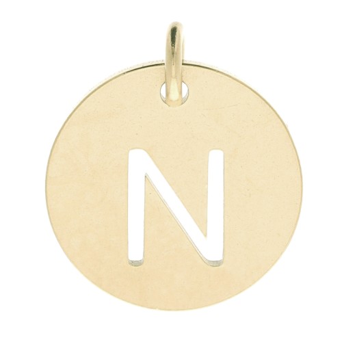 304 Stainless steel 12mm Round Medal - letter N - with jumpring - Gold Tone x1
