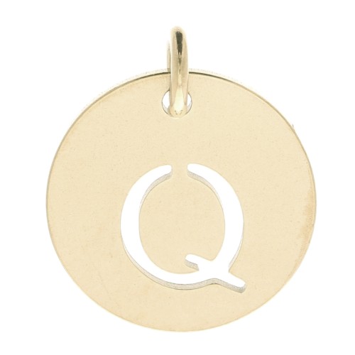 304 Stainless steel 12mm Round Medal - letter Q - with jumpring - Gold Tone x1