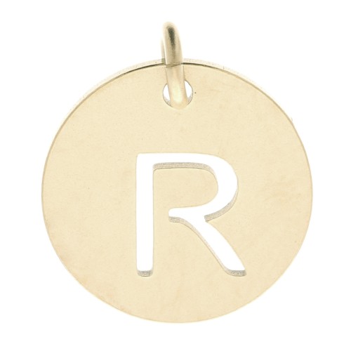 304 Stainless steel 12mm Round Medal - letter R - with jumpring - Gold Tone x1