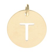 304 Stainless steel 12mm Round Medal - letter T - with jumpring - Gold Tone x1
