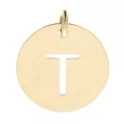 304 Stainless steel 12mm Round Medal - letter T - with jumpring - Gold Tone x1