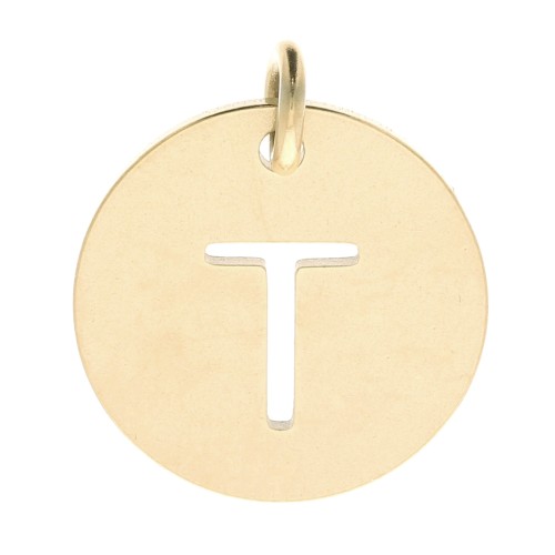 304 Stainless steel 12mm Round Medal - letter T - with jumpring - Gold Tone x1