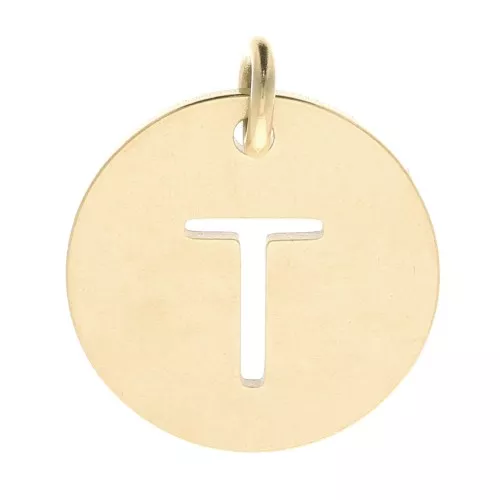304 Stainless steel 12mm Round Medal - letter T - with jumpring - Gold Tone x1
