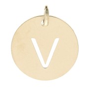 304 Stainless steel 12mm Round Medal - letter V - with jumpring - Gold Tone x1