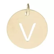 304 Stainless steel 12mm Round Medal - letter V - with jumpring - Gold Tone x1