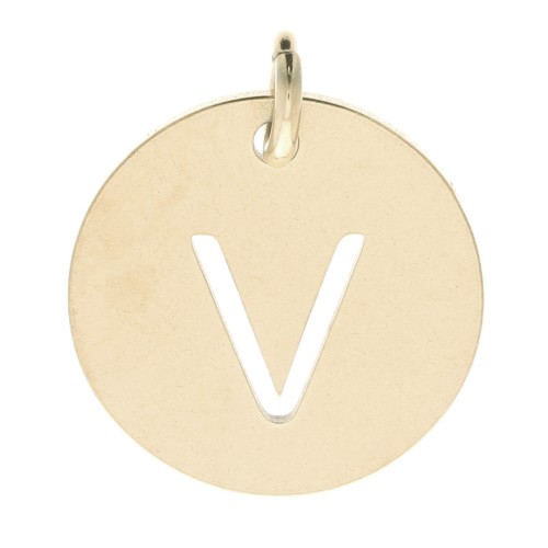 304 Stainless steel 12mm Round Medal - letter V - with jumpring - Gold Tone x1