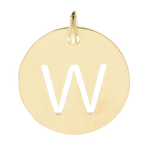 304 Stainless steel 12mm Round Medal - letter W - with jumpring - Gold Tone x1
