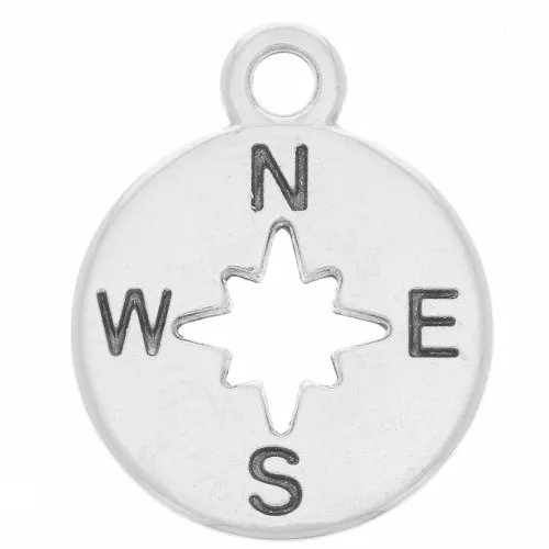 Round Charm 17x14mm Compass Rose - Antique Silver Plating x1