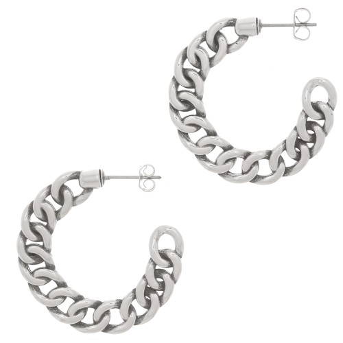 Curb chain effect hoop earrings 35 mm - Antique silver plating x2