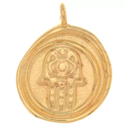 13.5mm Irregular Round Handmade Hamsa hand Charm - Fine Gold plated x1