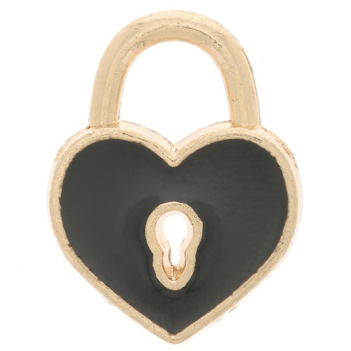 Padlock heart 15x12 mm with epoxy resin - Gold - Black x1