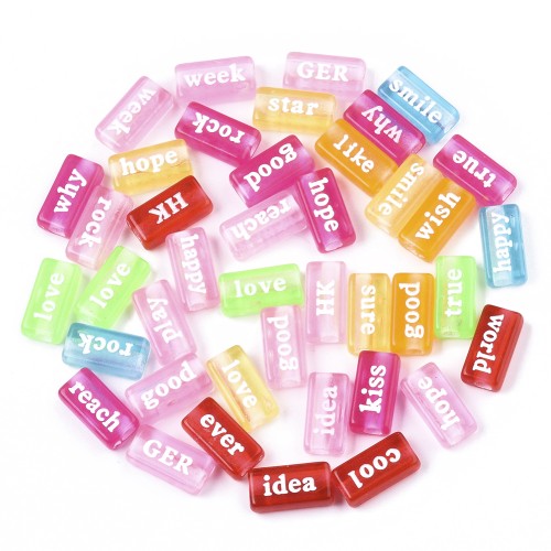 Assortment of 60 rectangular Word Beads15x7.5 mm Transparent Multicolored