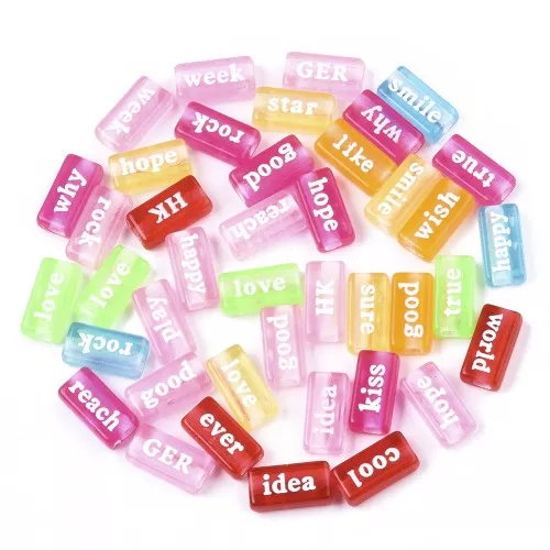 Assortment of 60 rectangular Word Beads15x7.5 mm Transparent Multicolored