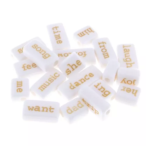 Assortment of 30 Rectangular Word Beads - Random - White - Gold