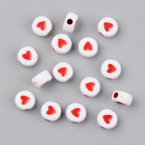 Assortment of 20 round heart beads - 7 mm - White - Red