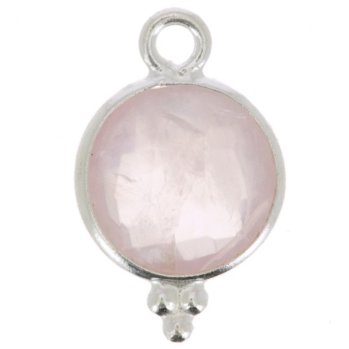 15x9mm 925 Sterling Silver Round faceted charm with balls - Rose Quartz x1