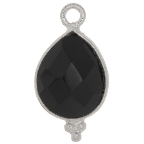 16x9mm 925 Sterling Silver faceted drop Charm with small balls - Black Onyx x1
