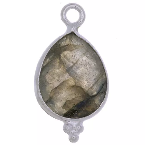 16x9mm 925 Sterling Silver faceted drop Charm with small balls - Labradorite x1