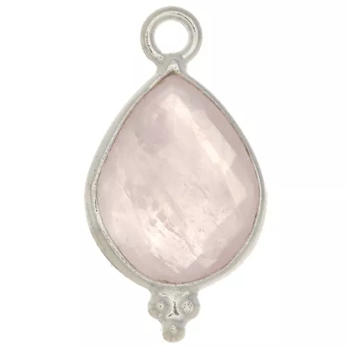 16x9mm 925 Sterling Silver faceted drop Charm with small balls - Rose Quartz x1
