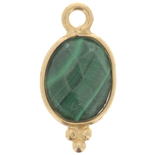 14x7mm 925 Sterling Silver Oval Faceted Charm - Gold Plated - Malachite x1